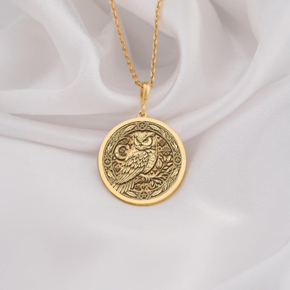 14K Solid Gold Owl Pentagram Medallion featuring wisdom bird with mystical symbols. Detailed occult talisman with intricate feather work, celestial elements and sacred geometry. Luxury pagan jewelry gift.