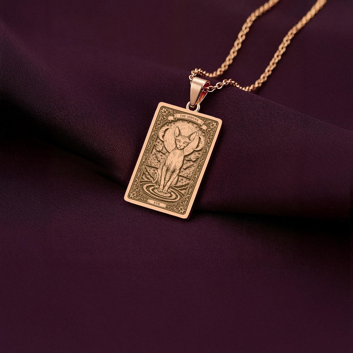 An elegant rose gold plated Sphynx Cat pendant. The beautiful engraving makes this a dainty and modern piece of pet jewelry.