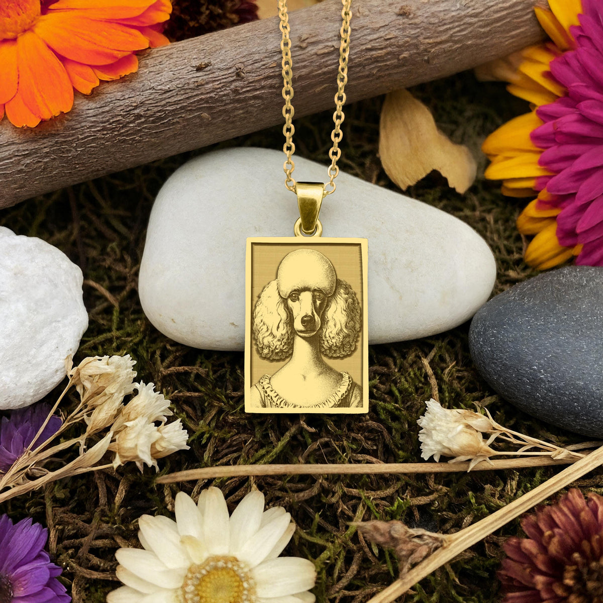Heirloom 14K solid gold rectangular tag necklace, finely laser engraved with a graceful Poodle dog. A personalized gift for a Poodle lover.