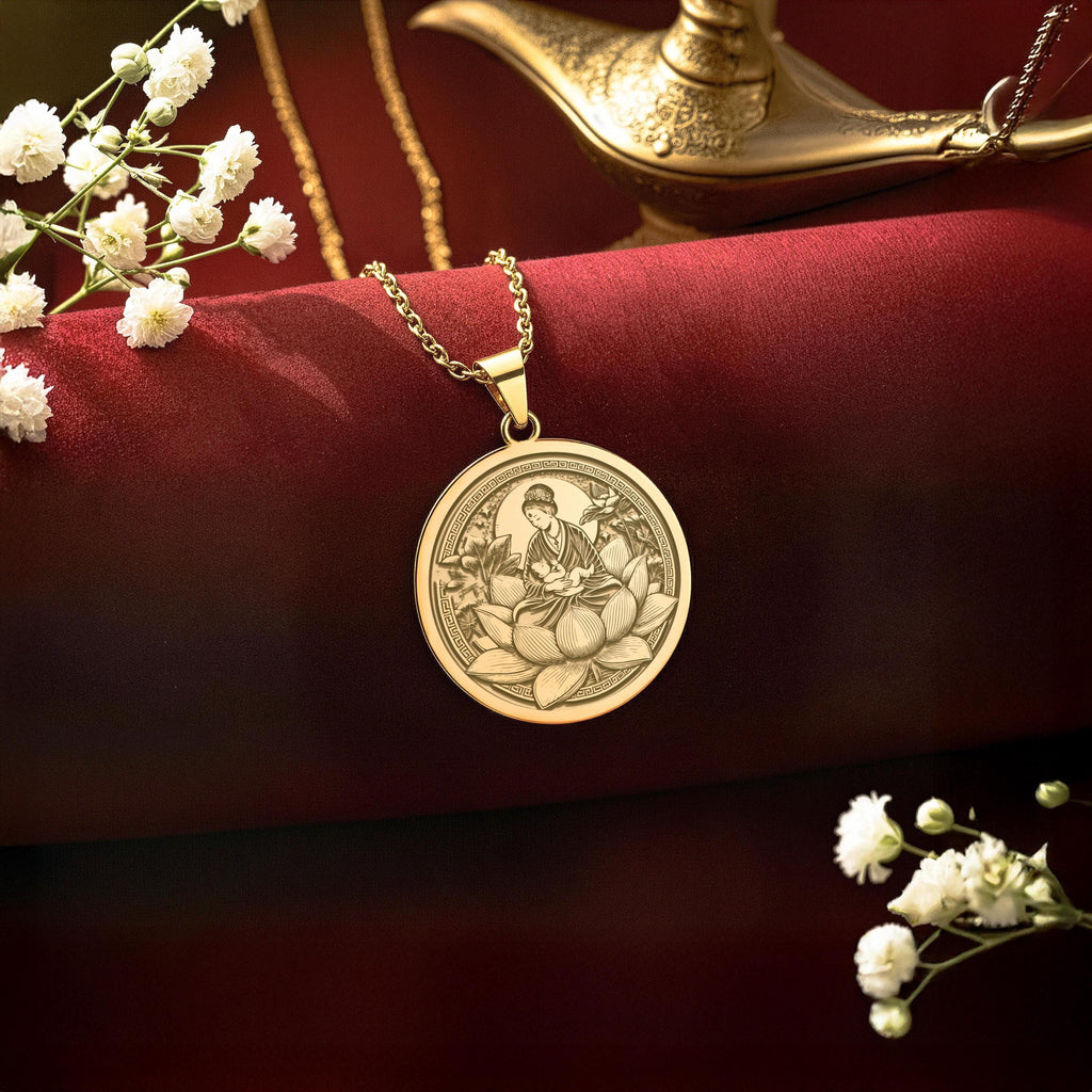 An heirloom-quality 14K solid gold Mother and Child medallion. The art shows a mother and baby on a lotus, symbolizing purity, a precious new mom gift.