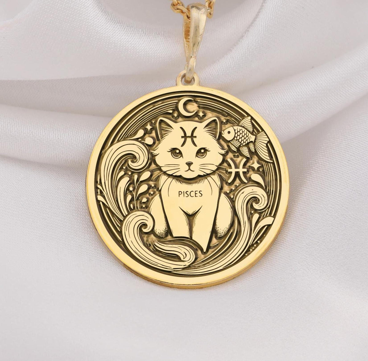 14K solid gold Pisces Zodiac necklace featuring a handcrafted astrology-inspired pendant with a minimalist cat design. Perfect for women, astrology lovers, and personalized horoscope jewelry gifts.