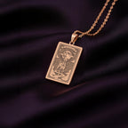 A custom rose gold plated Dog Lover tarot necklace. This piece is a perfect gift, honoring the iconic elegance of the Dalmatian.