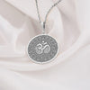 Beautiful sterling silver Om necklace with a circular pendant design showcasing a prominent Om symbol centered within decorative, spiritual motifs, ideal minimalist jewelry for everyday wear or special occasions.