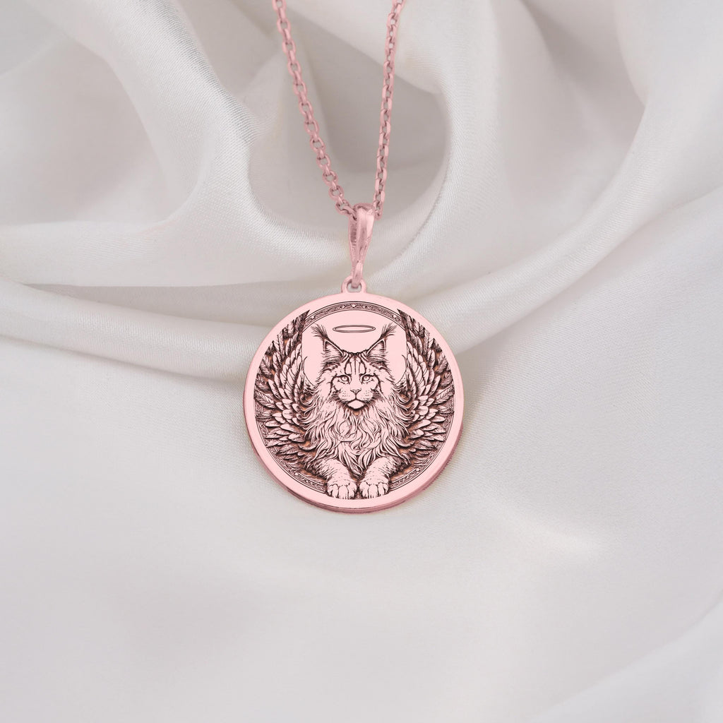 Rose Gold Plated Maine Coon Angel Cat Medallion featuring beloved gentle giant with heavenly wings and halo. Elegant memorial jewelry with detailed fluffy coat and ornate feathers. rainbow bridge talisman, perfect comfort gift for cat loss.