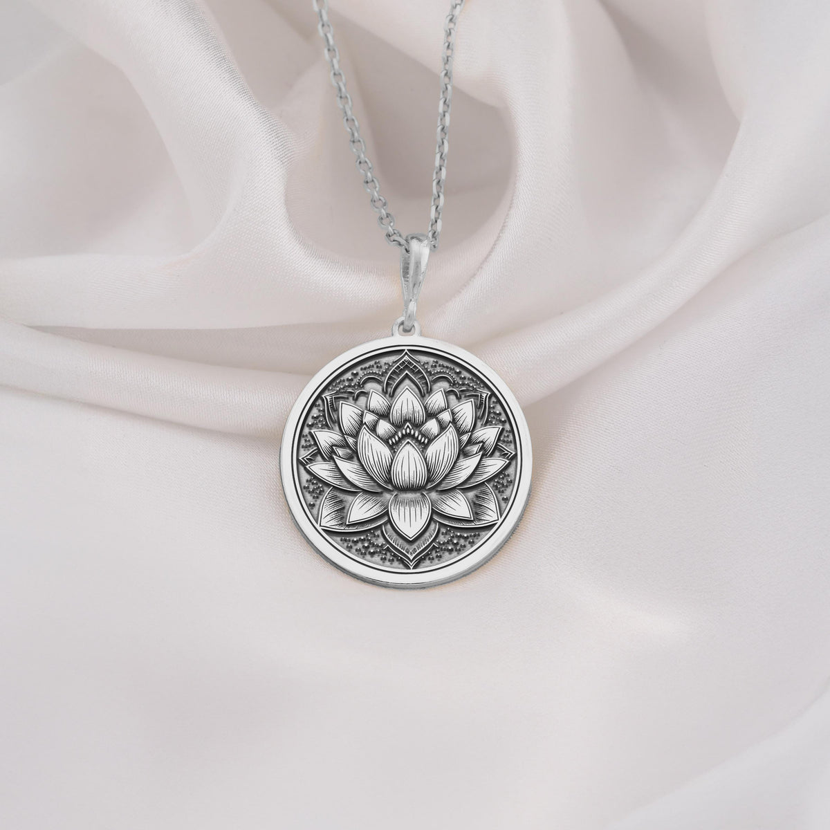Lotus Mandala Yoga Pendant Necklaces 925 925 Sterling Silver lotus flower pendant necklace with round shape and delicate chain.