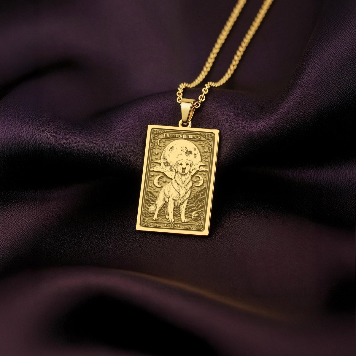 An heirloom-quality 14K solid gold Golden Retriever tarot pendant. The art shows the loyal dog under the moon, symbolizing friendship, a precious dog mom gift.