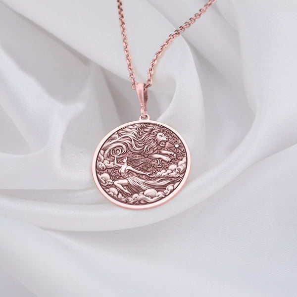 Rose Gold Leo Woman Pendant Elegant Zodiac Lion Necklace for Astrology Lovers, Personalized Leo Zodiac Charm Necklace in Rose Gold Perfect Gift for Leo Women, Rose Gold Lion Medallion Necklace for Leo Women Astrology and Horoscope Jewelry