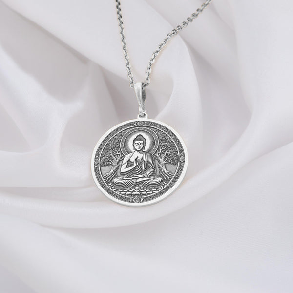 Silver Buddha Pendant, Buddha Meditating Under Bodhi Tree, 925 Sterling Silver Necklace, Spiritual Jewelry, Buddhist Pendant, Meditation Necklace, Enlightenment Symbol, Yoga Jewelry, Mindfulness Pendant, Handcrafted Silver Jewelry, Zen Pendant