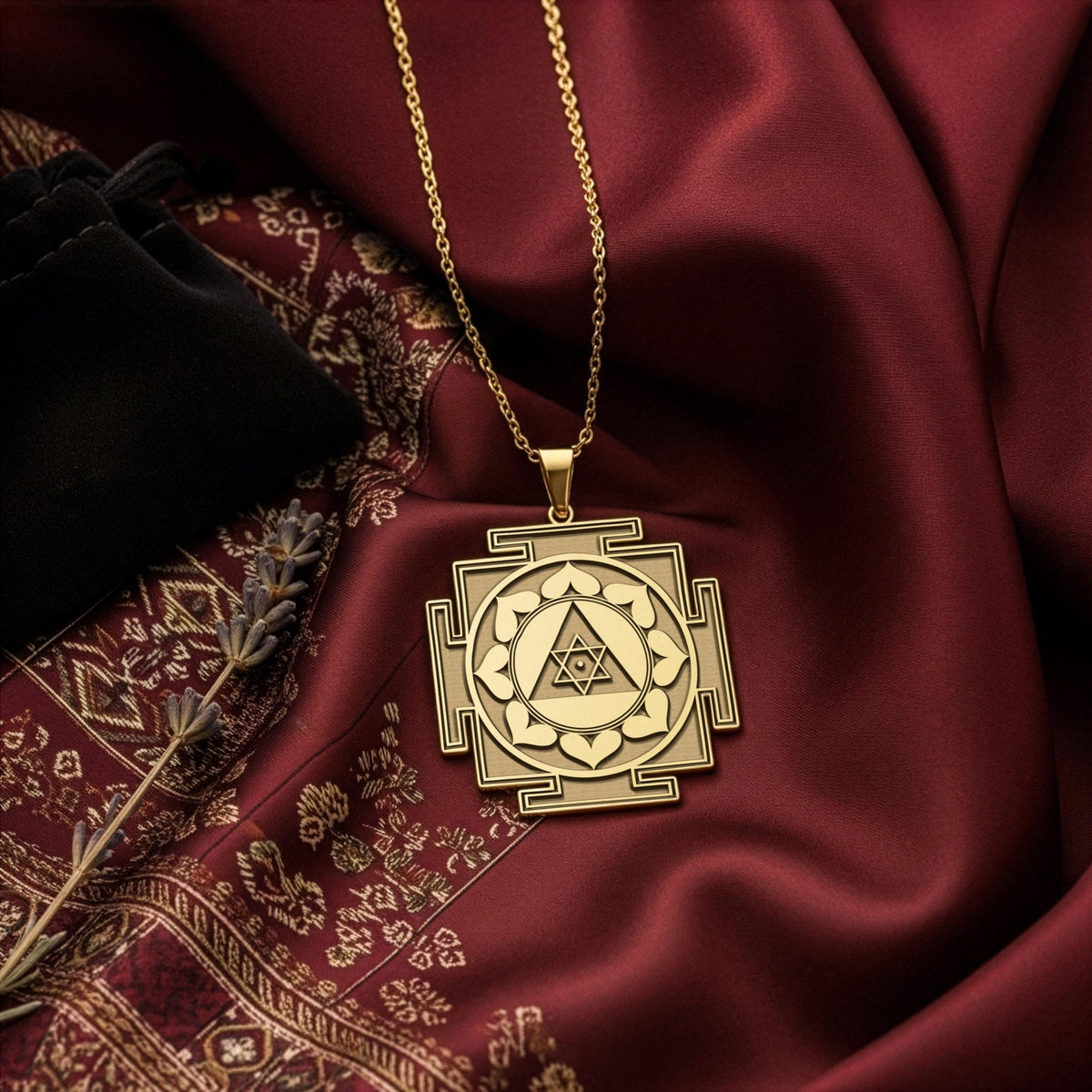 This 14k gold plated Ganesh Yantra Necklace, a powerful spiritual amulet for success, is shown in a luxurious close-up from a different angle. Presented on rich burgundy silk, the intricate handcrafted engraving is emphasized, highlighting its quality as a premium meditation gift. This personalized sacred geometry talisman is for removing obstacles and is available in 925 sterling silver.