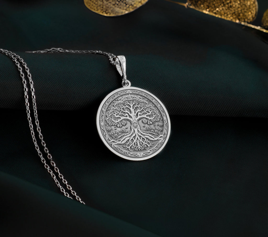 Silver Tree of Life Pendant, Silver Yggdrasil Necklace, Silver Bodhi Tree Jewelry, Silver Tree of Knowledge Charm, Silver Kalpavriksha Pendant, Silver Spiritual Necklace, Silver Cosmic Tree Jewelry, Silver Symbolic Growth Charm, Silver Nature Pendant