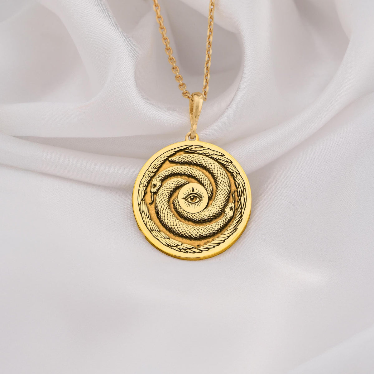 14k Gold Ouroboros Necklace featuring a symbolic snake design representing eternity and rebirth. Perfect for gifting or as a timeless mythological jewelry piece for everyday wear.