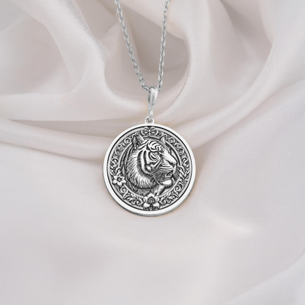 Sterling Silver Tiger Necklace showcasing a detailed medallion pendant. A timeless gift for women or animal lovers, this elegant piece symbolizes strength and luck. Perfect for daily wear.