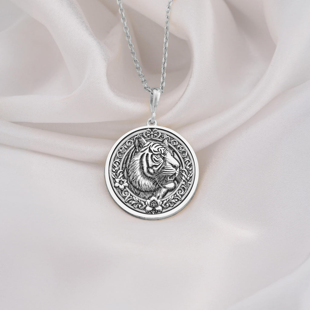 Sterling Silver Tiger Necklace showcasing a detailed medallion pendant. A timeless gift for women or animal lovers, this elegant piece symbolizes strength and luck. Perfect for daily wear.