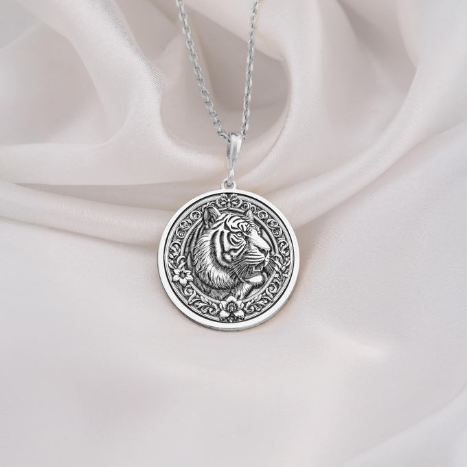 Sterling Silver Tiger Necklace showcasing a detailed medallion pendant. A timeless gift for women or animal lovers, this elegant piece symbolizes strength and luck. Perfect for daily wear.