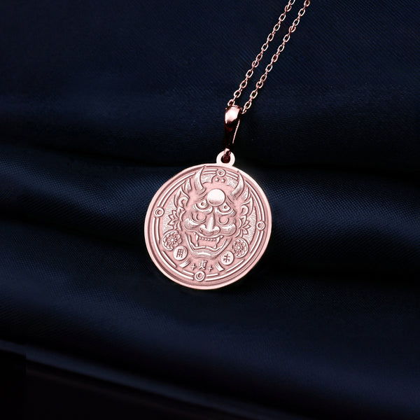 14K Solid Gold Oni Mask Charm Pendant, Japanese Demon Necklace, Silver Oni Charm Necklace, Japanese Pendant for Men, Japanese Jewelry Gift