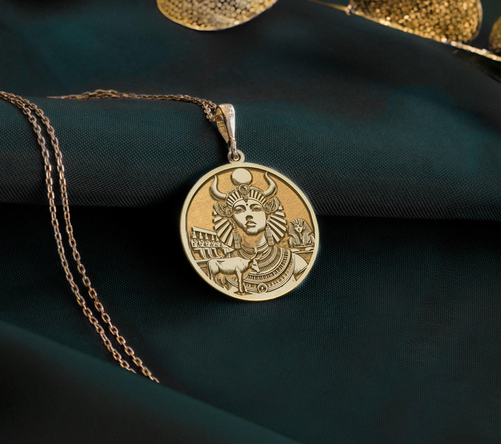 Hathor necklace, Egyptian jewelry, Goddess pendant, Gold Hathor charm, Egyptian goddess, daughter of Ra, Hathor gold necklace, Ancient Egypt charm, Gold goddess charm, Love goddess pendant, Fertility symbol charm, Hathor gold pendant.