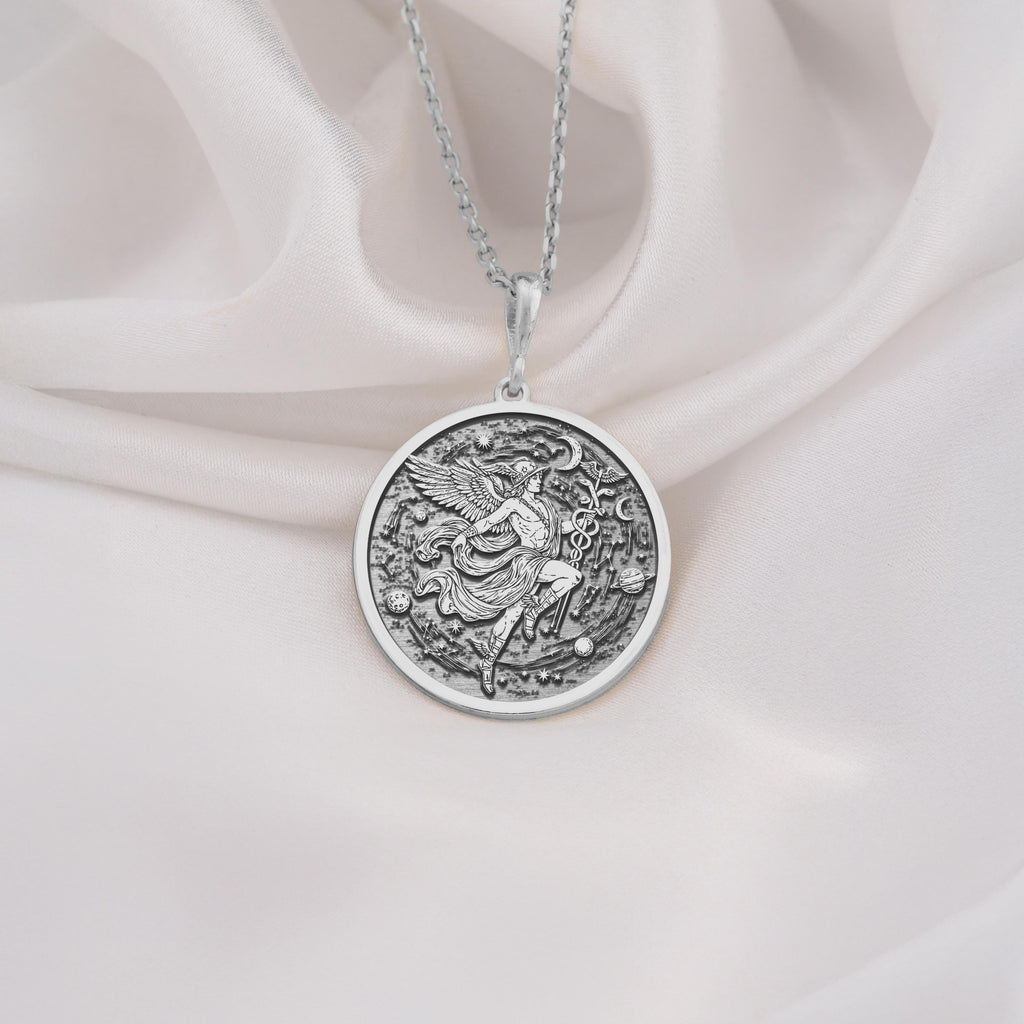 Hermes Medallion Pendant Necklaces 925 925 Sterling Silver round pendant with an ornate winged figure design on a delicate chain.