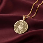 Celestial English Bulldog Medallion Pendants 14K 14K Gold Plated round pendant featuring a dog face design with stars on a chain.