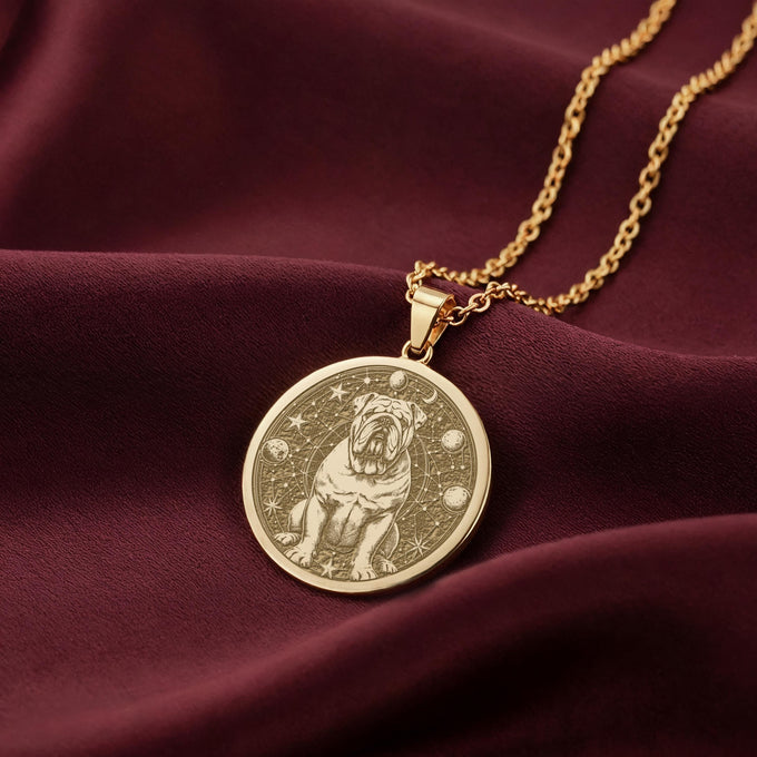 14K Solid Gold Celestial English Bulldog Medallion featuring powerful British breed with distinctive features surrounded by moon phases, stars and cosmic elements. Detailed celestial talisman. Luxury English Bulldog jewelry representing mystical strength.