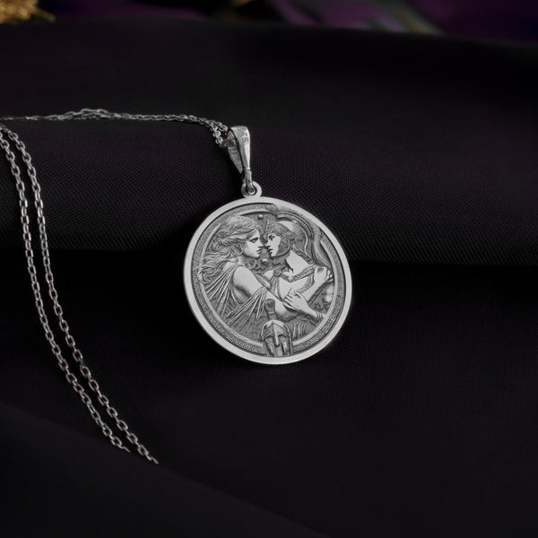 silver Antiope and Theseus necklace pendant, mythology-inspired jewelry with intricate detailing, symbolizing love, strength, and timeless passion.