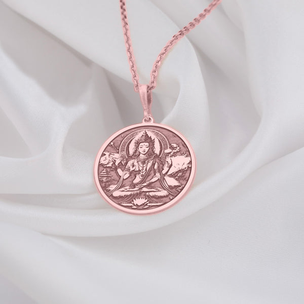 Buddhist Bodhisattva Tara Rose Gold Pendant necklace featuring a detailed pendant of the Buddhist goddess, symbolizing compassion and protection. Tara coin pendant This luxurious piece combines spiritual significance with timeless style, perfect for those seeking meaningful jewelry.