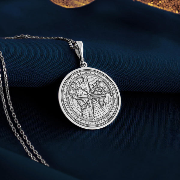 World Compass coin silver pendant necklace, Globe traveler charm, Travel-inspired jewelry, Explorer compass necklace