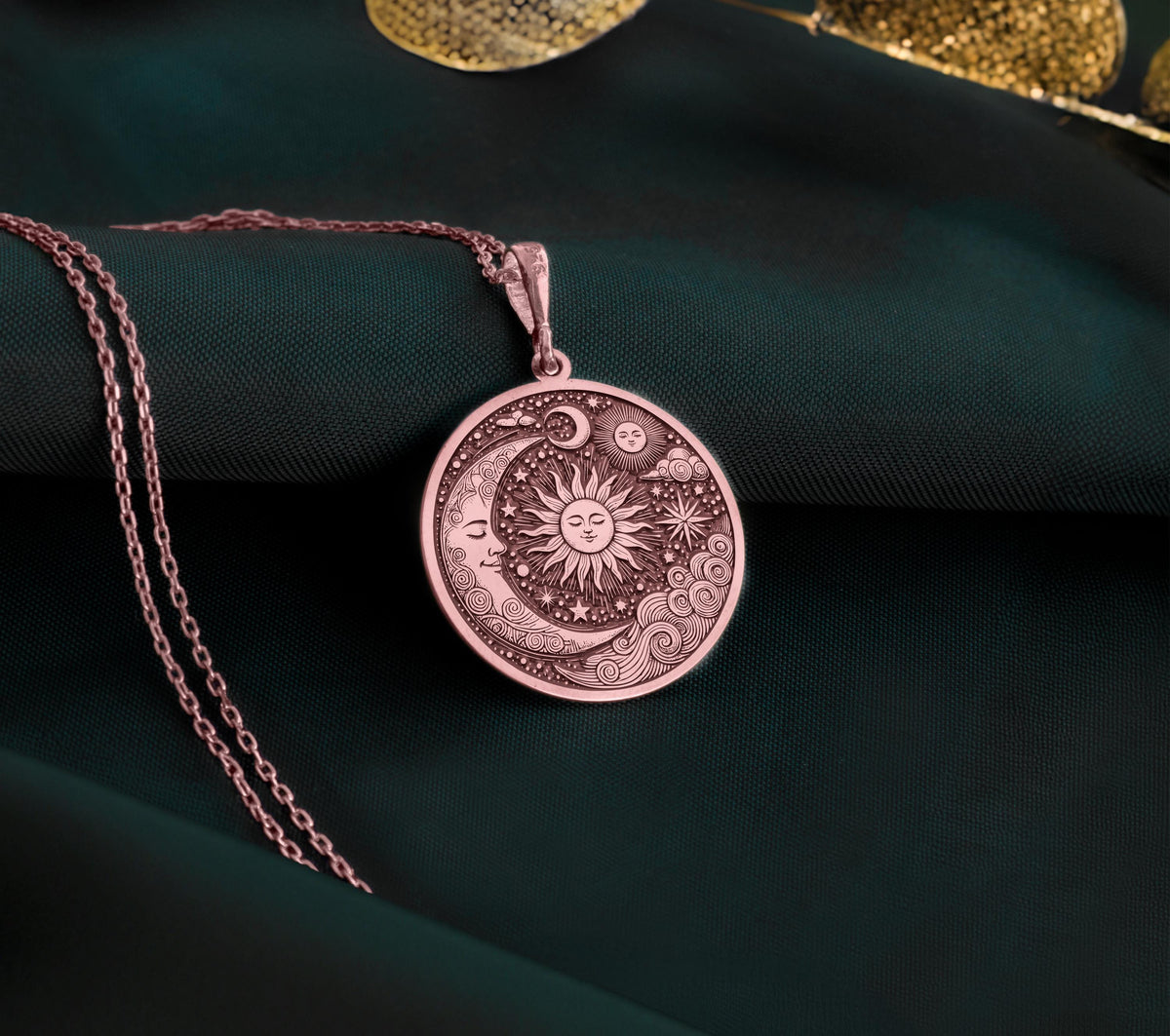 Rose gold plated celestial necklace with a handcrafted sun and moon pendant, personalized and chic astrology-themed jewelry, ideal gift for her.