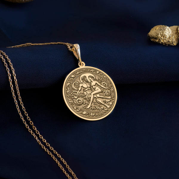 Couple Romantic charm gold necklace, Zeus and Hera love gold necklace, lovers gold medallion, Zeus Hera couple necklace, real gold gold romantic gold medallion, romantic gift for lovers, Greek gods romance charm, god and goddess jewelry,