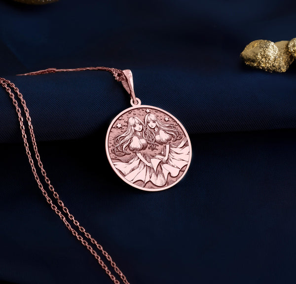 Gemini zodiac rose gold necklace, astrology-inspired jewelry, Gemini star sign pendant, celestial Gemini necklace, personalized Gemini gift, 14k rose gold Gemini zodiac necklace, horoscope jewelry for Gemini.