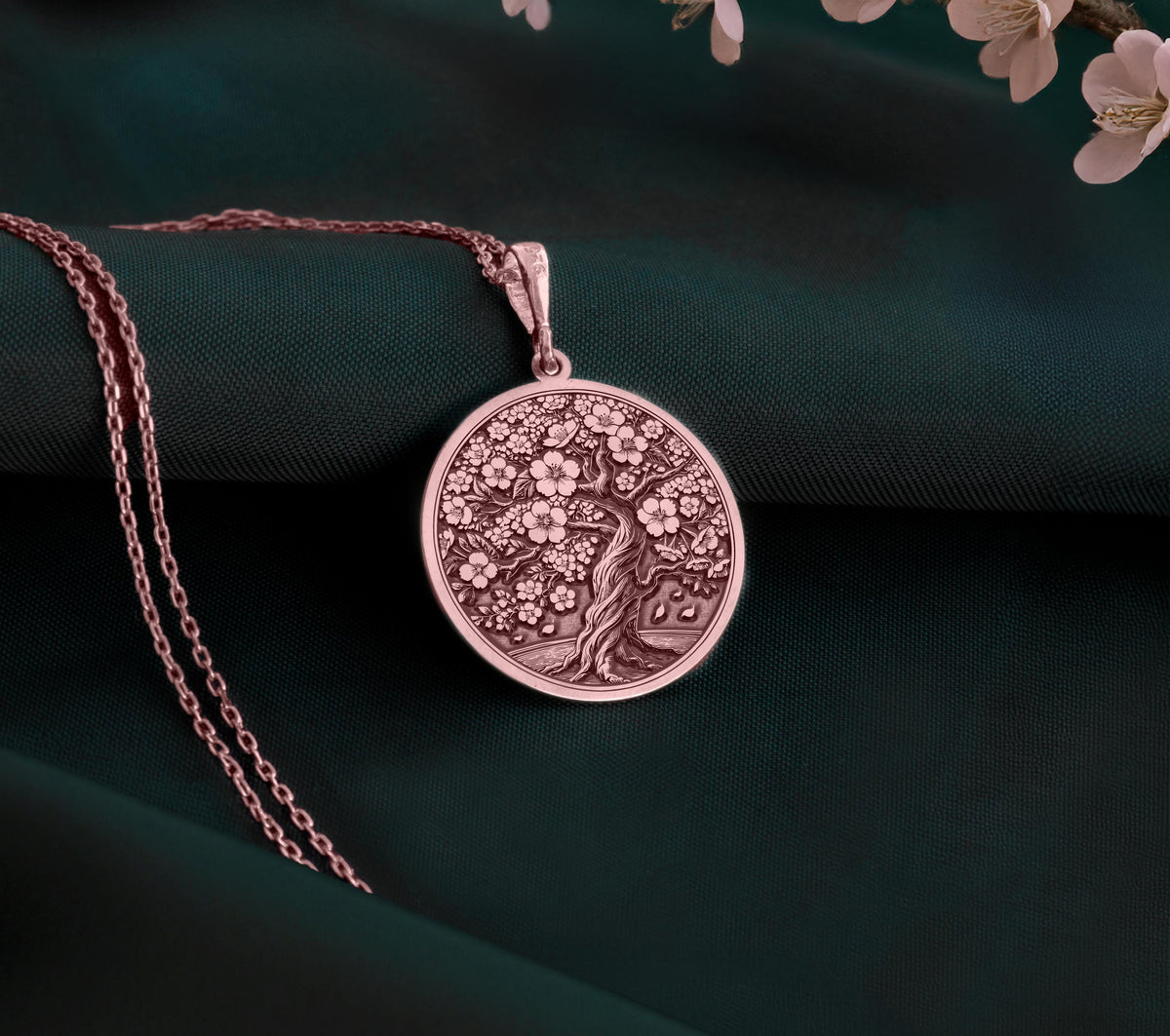 Rose Gold Plated Sakura Tree Necklace with exquisite cherry blossom details, a feminine and versatile accessory for gifting or everyday elegance.