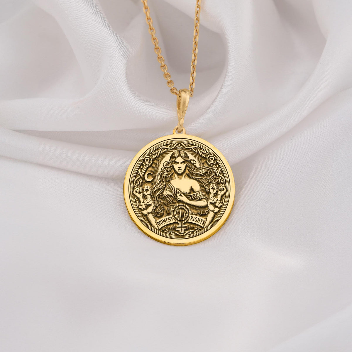 Elegant 14K Solid Gold Women’s Rights pendant, featuring a powerful feminist medallion with celestial details and an equality symbol. A stunning gold empowerment necklace, perfect for those who stand for gender equality and justice.