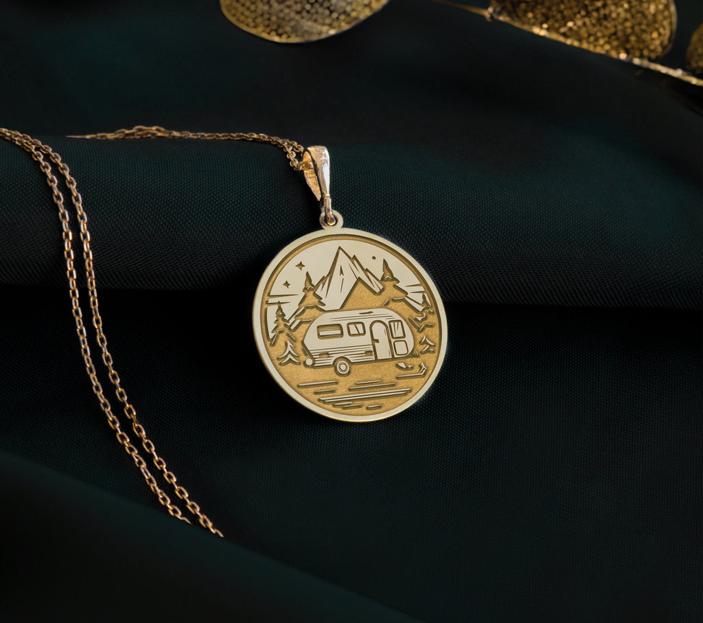 14K Solid Gold Camping Charm Necklace, Nature Silver Pendant, Rose Gold Fire Necklace, Camping Jewelry, Caravan Medallion, Relaxing Charm