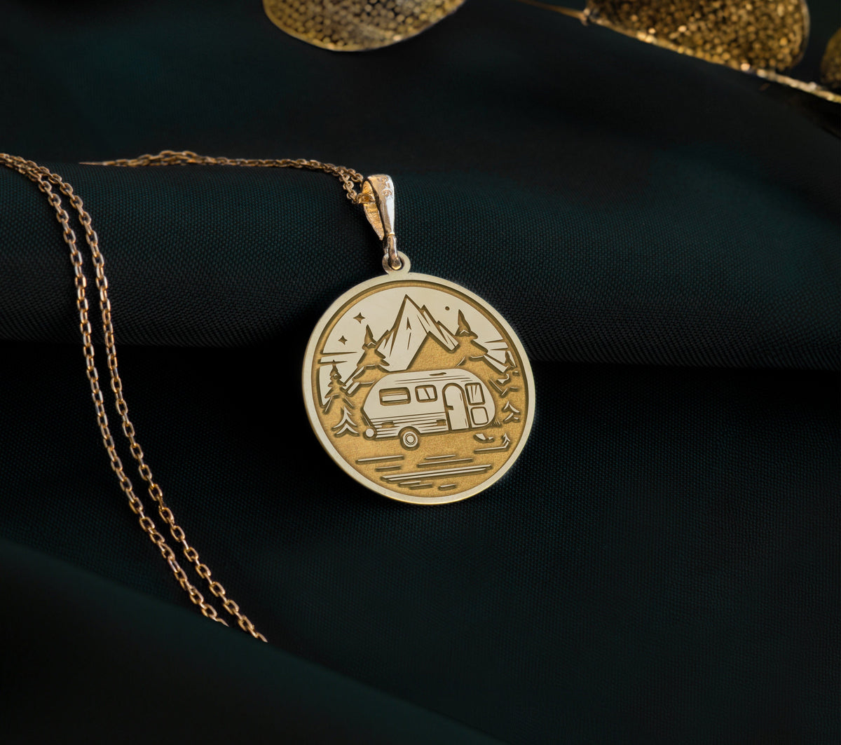 14K Solid Gold Camping Charm Necklace, Nature Silver Pendant, Rose Gold Fire Necklace, Camping Jewelry, Caravan Medallion, Relaxing Charm