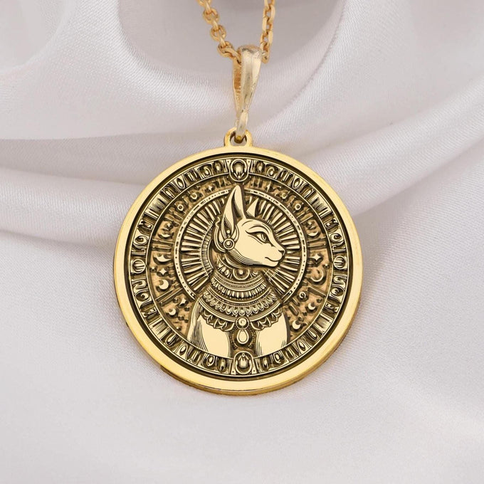 14K Solid Gold Bastet Pendant Necklace, featuring the Egyptian Cat Goddess design. A timeless unisex amulet symbolizing protection and grace, perfect as a meaningful gift or statement piece for lovers of ancient mythology and fine jewelry.