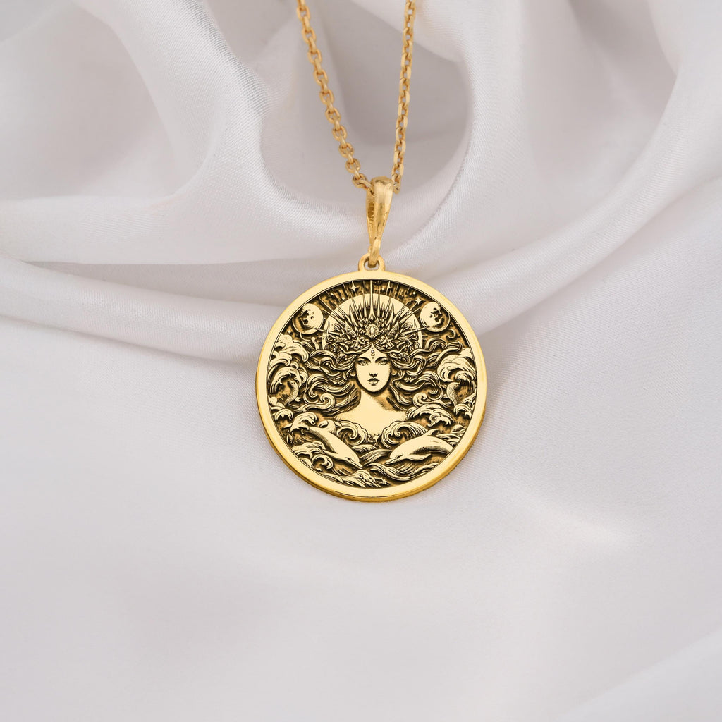 Amphitrite Necklace in 14K solid gold, a celestial sea goddess pendant inspired by Greek mythology. Perfect nautical jewelry gift for her, featuring intricate ocean waves and divine detailing.