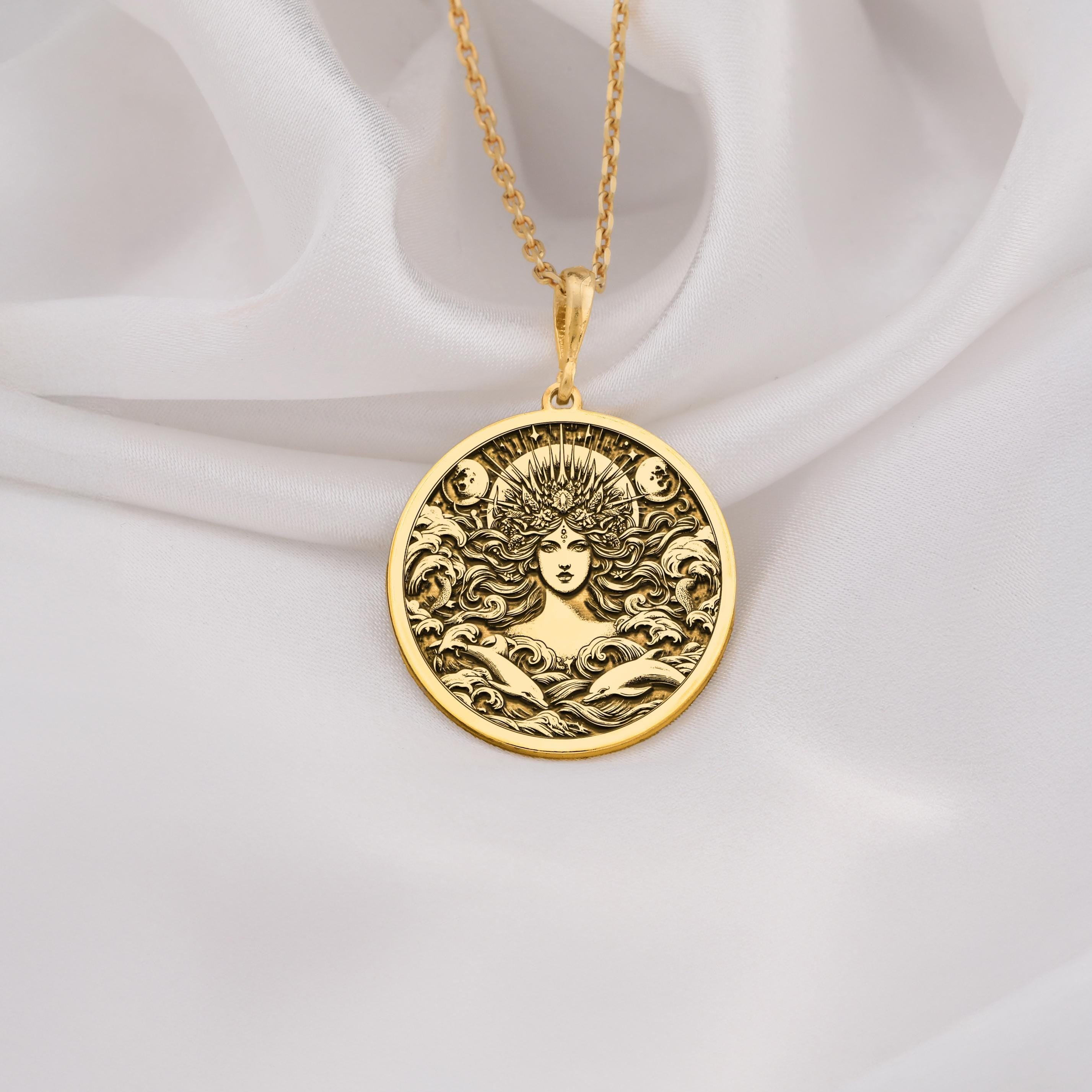 Amphitrite Necklace in 14K solid gold, a celestial sea goddess pendant inspired by Greek mythology. Perfect nautical jewelry gift for her, featuring intricate ocean waves and divine detailing.