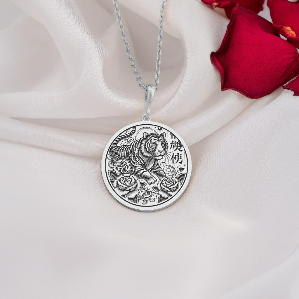 925 Sterling Silver Tiger Pendant Necklace showcasing a tiger and floral motif. A timeless unisex design, perfect as a meaningful gift for birthdays, anniversaries, or those inspired by Chinese Zodiac symbolism.