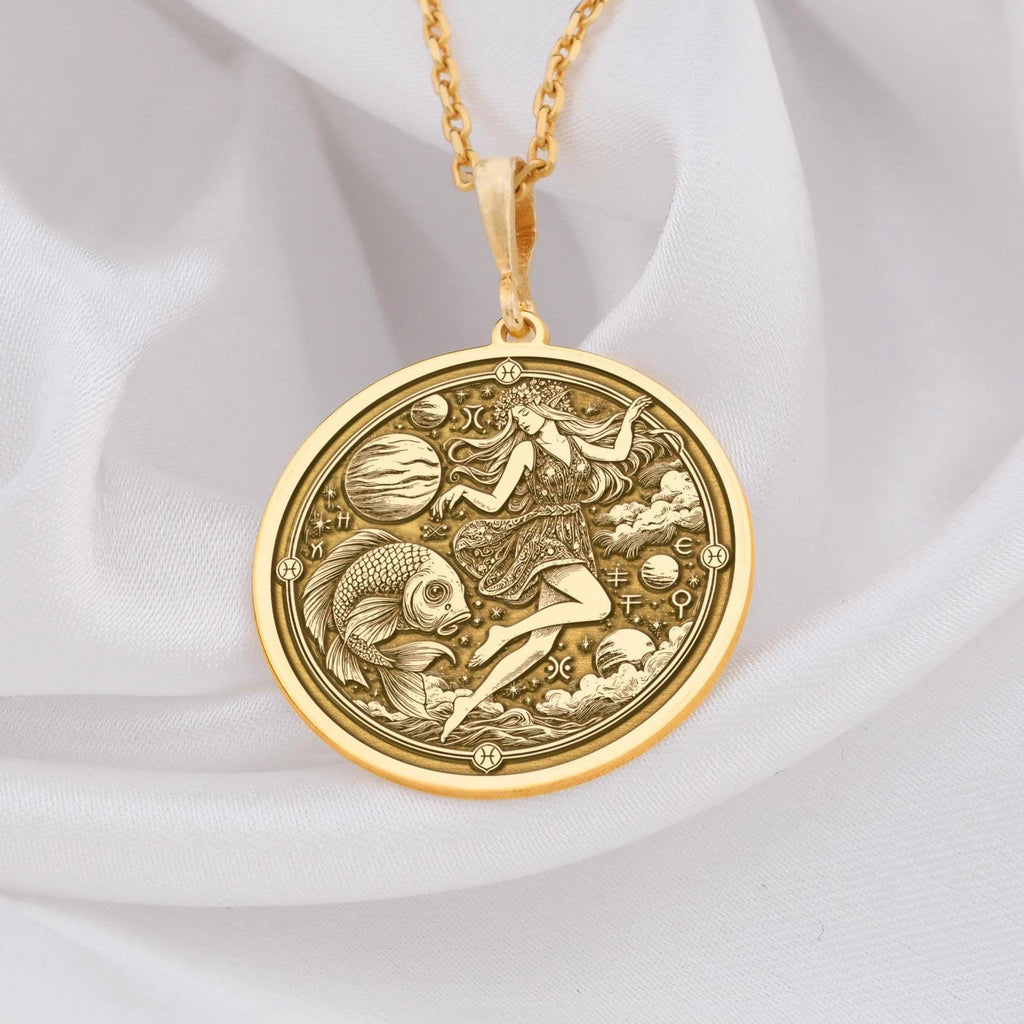 Elegant 14k Gold Pisces Pendant for Women,Astrological Jewelry with Delicate Fish Symbol, round pisces zodiac pendant necklace, gift for her,