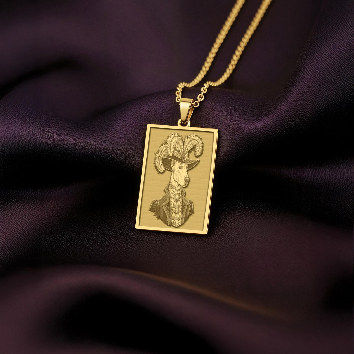 Product photo of a 14K Solid Gold Doberman necklace from the 'Victorian Pet Collection'. The engraved officer portrait is centered clearly on a rich purple satin background.