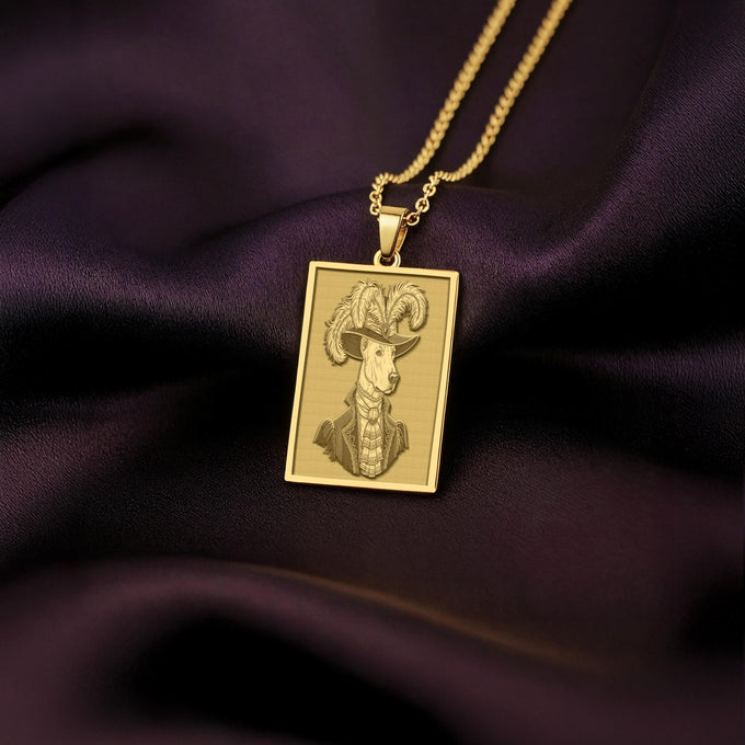 Product photo of a 14K Solid Gold Doberman necklace from the 'Victorian Pet Collection'. The engraved officer portrait is centered clearly on a rich purple satin background.