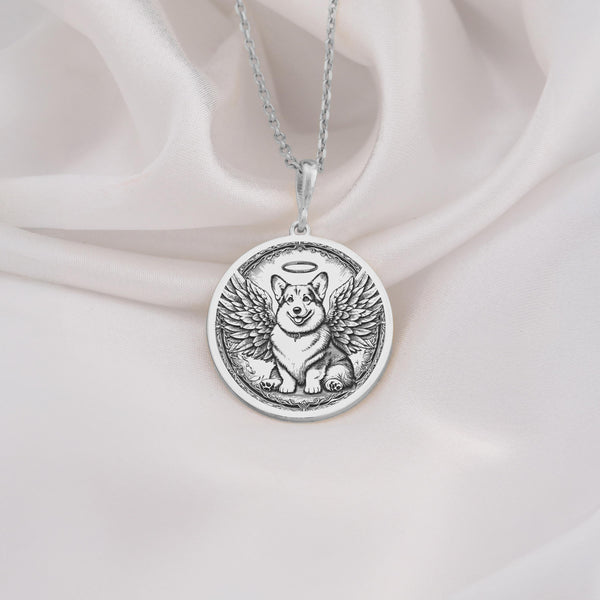 925 Sterling Silver Pembroke Welsh Corgi Angel Dog Medallion showcasing beloved royal breed with angel wings and heavenly halo. Detailed memorial coin pendant with characteristic short legs and fox-like features. Premium Corgi loss jewelry.