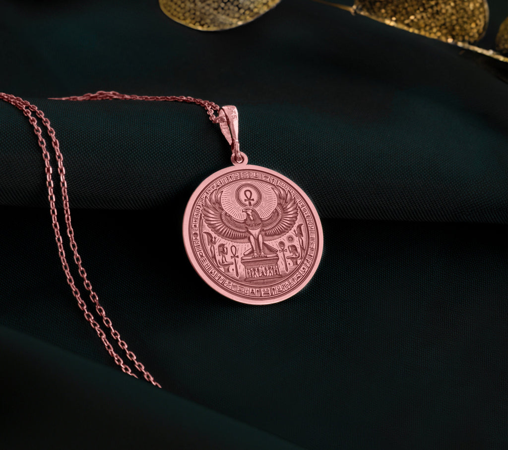 14K Solid Gold Horus Charm Necklace, Horus Silver Pendant, Rose Gold Horus Necklace, Egyptian Jewelry, Falcon Medallion, Eye Of Horus Charm