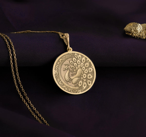 14K gold peacock peafowl pendant necklace with intricate feather design, perfect for statement jewelry. Elegant gold pendant for peacock lovers, ideal for gifting or everyday wear. Handmade gold peacock necklace featuring fine craftsmanship and