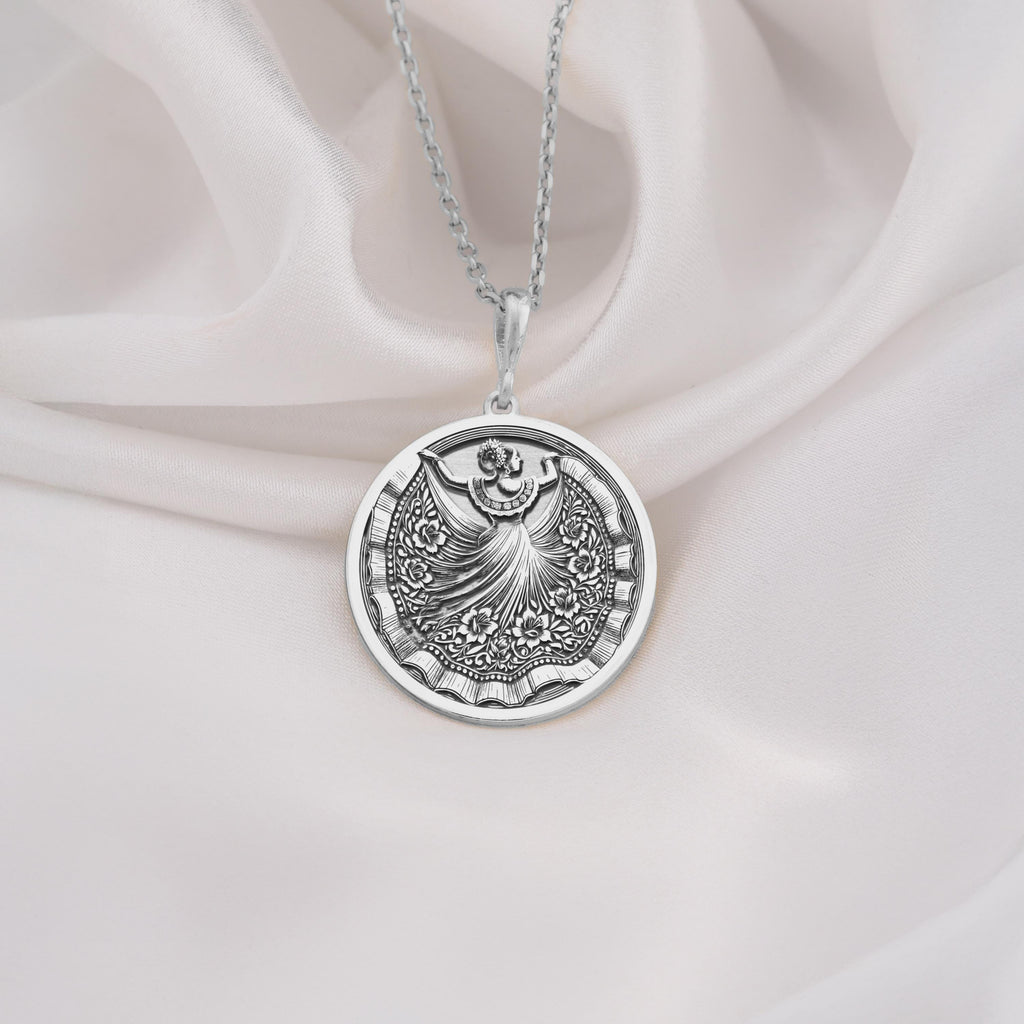 925 Sterling Silver Mexican dancer pendant featuring a detailed folkloric dress, perfect for heritage-inspired jewelry lovers.