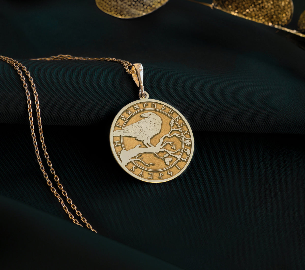 14k solid gold Celtic raven necklace pendant, real gold charm, embodying Celtic symbolism and mystery. This delicate amulet suits daily wear or layering, making a meaningful gift for those who appreciate resilience and boho style.