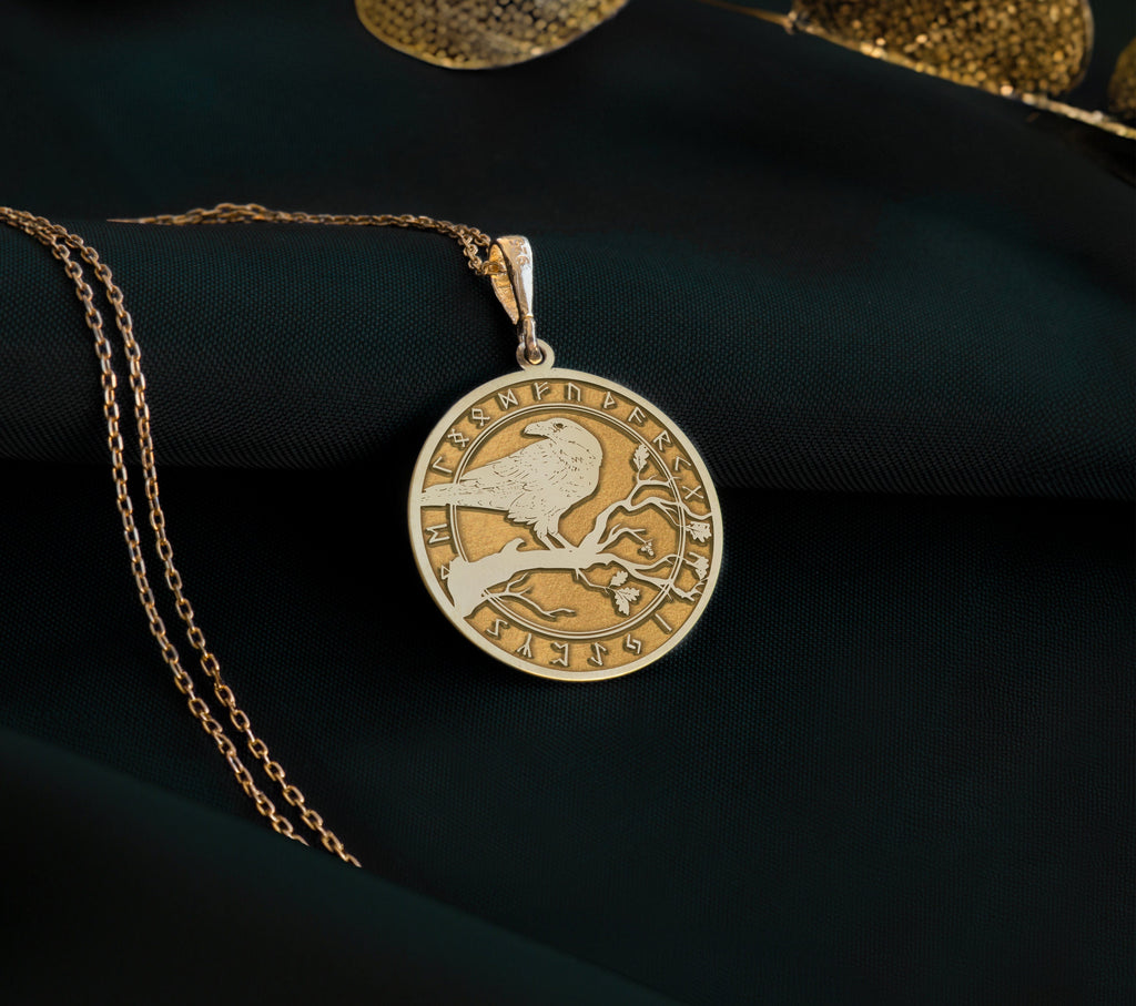 14k solid gold Celtic raven necklace pendant, real gold charm, embodying Celtic symbolism and mystery. This delicate amulet suits daily wear or layering, making a meaningful gift for those who appreciate resilience and boho style.