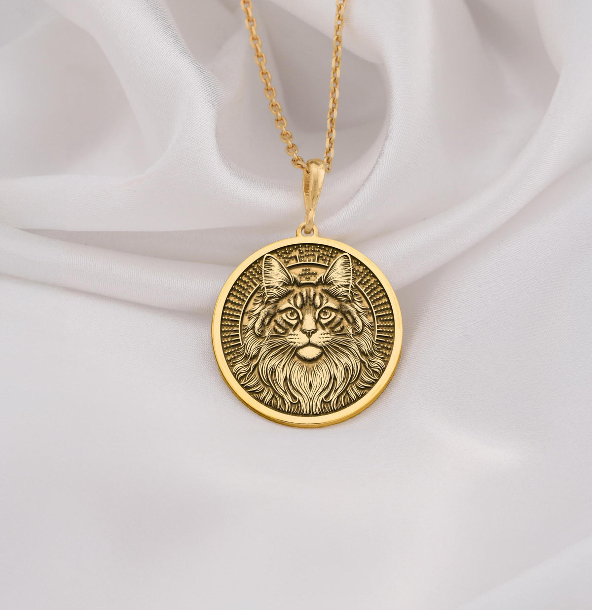 Maine Coon Cat Spirit Animal Medallion Necklaces 14K 14K Gold Plated cat face pendant with beard design on a chain necklace