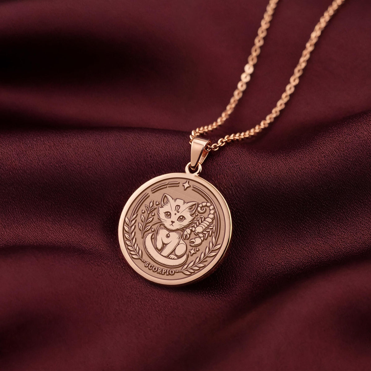 A custom rose gold plated Scorpio coin. This piece is a perfect birthday gift, celebrating the astrological sign with a unique and mystical cat design.