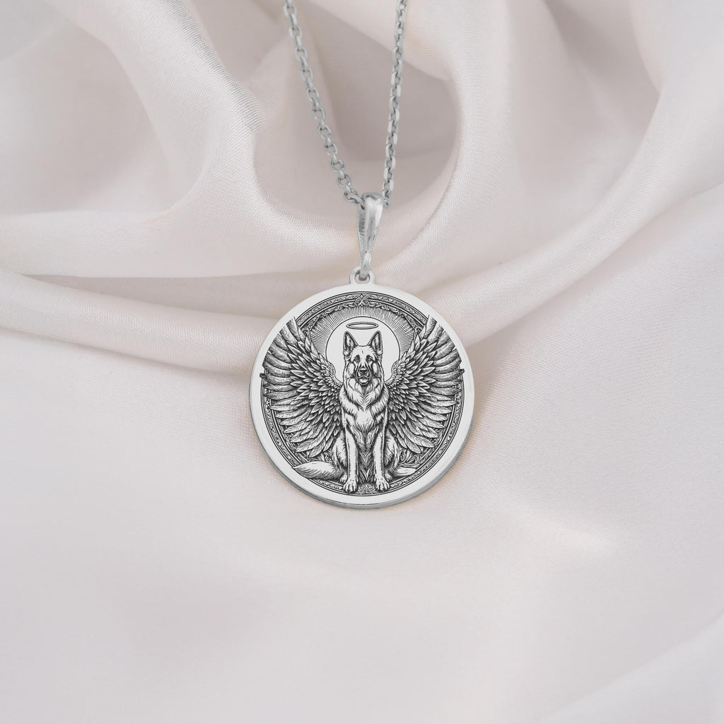 925 Sterling Silver German Shepherd Angel Dog Medallion showcasing beloved working breed with angel wings and heavenly halo. Detailed memorial coin pendant with noble expression and alert stance. Premium GSD loss jewelry symbolizing eternal love.