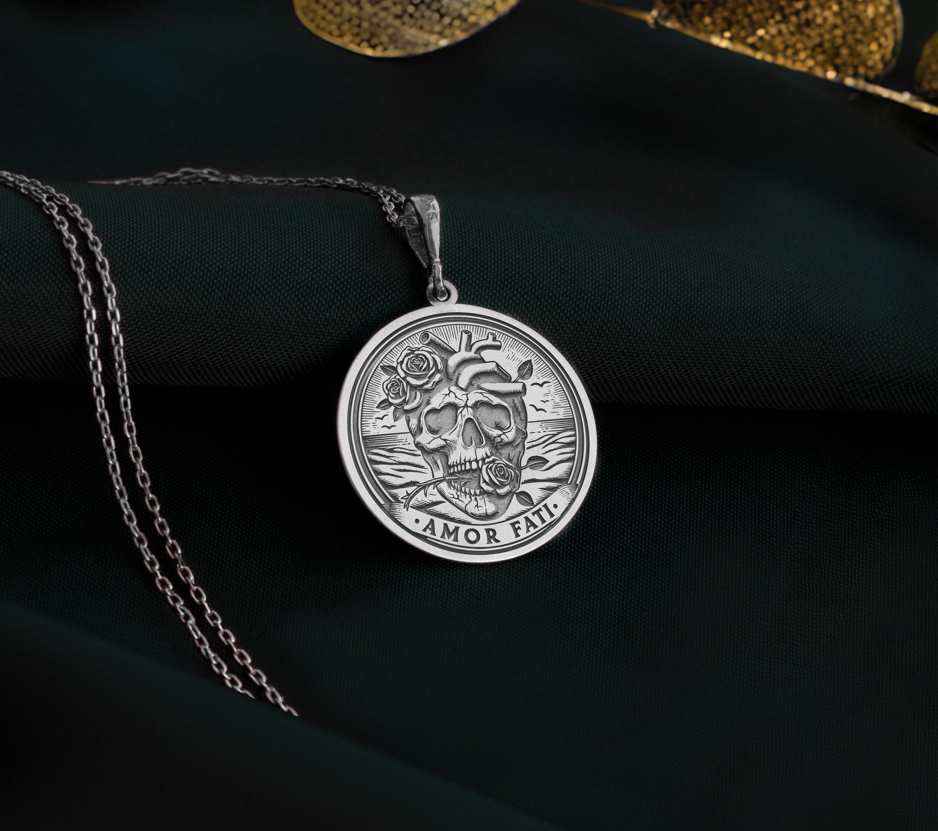 Silver Amor Fati coin pendant necklace, symbol of acceptance and resilience. Crafted in 925 sterling silver, this lightweight, dainty charm is ideal for layering, daily wear, and as a timeless, unique gift with elegant, minimalist design.